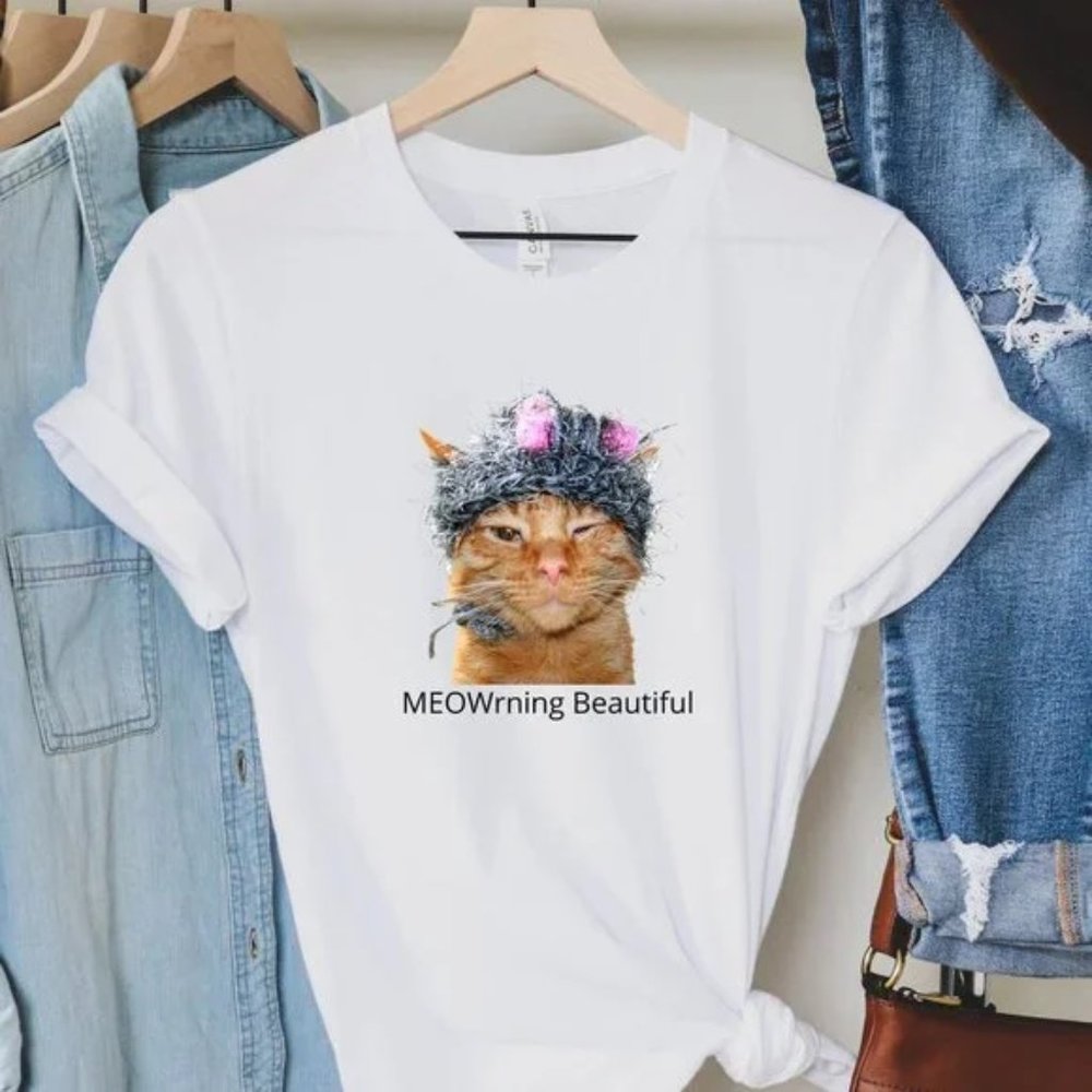 MONKEY CAT T-Shirt Crewneck Short Sleeve Meowrning Beautiful Curler Wig White - Picture 1 of 14